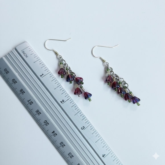 Bracelet 6.75" Beaded Charm Earrings Set Handmade Red Czech Glass Flower Dangle - Picture 11 of 11